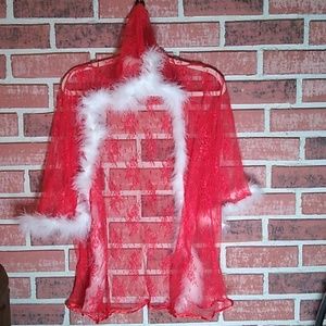 No brand red lace robe with fur trim